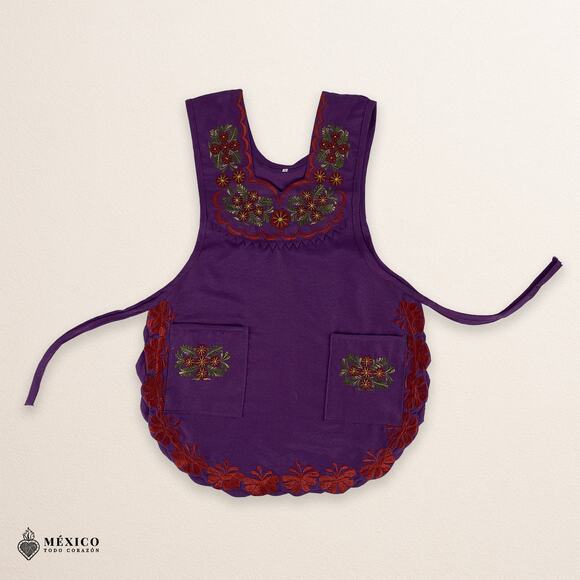 Purple Mexican Embroidered Smock Apron – Floral Traditional Design for Women - Picture 3 of 8